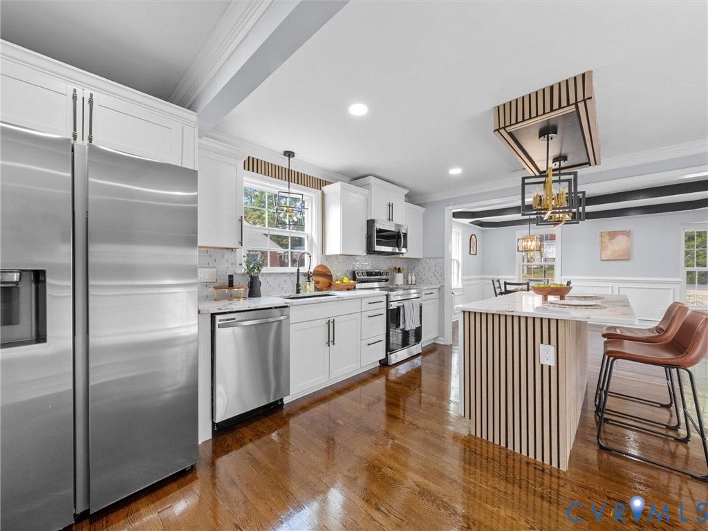 1811 Murdoch Road, Henrico, VA 23229 Kitchen featuring white shaker cabinetry, stainless steel appliances, a center island with wood slat detailing, recessed lighting, and wood-finish flooring