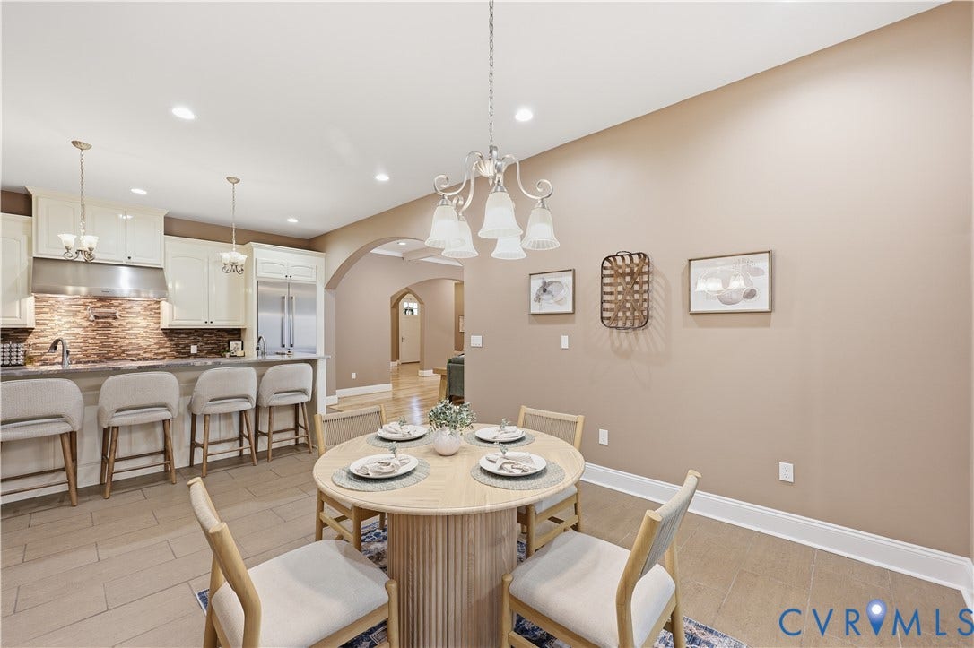 3056 Greywalls Drive, Powhatan, VA 23139 Kitchen featuring white cabinetry, a stone-tiled backsplash, stainless steel appliances, a breakfast bar, and recessed lighting