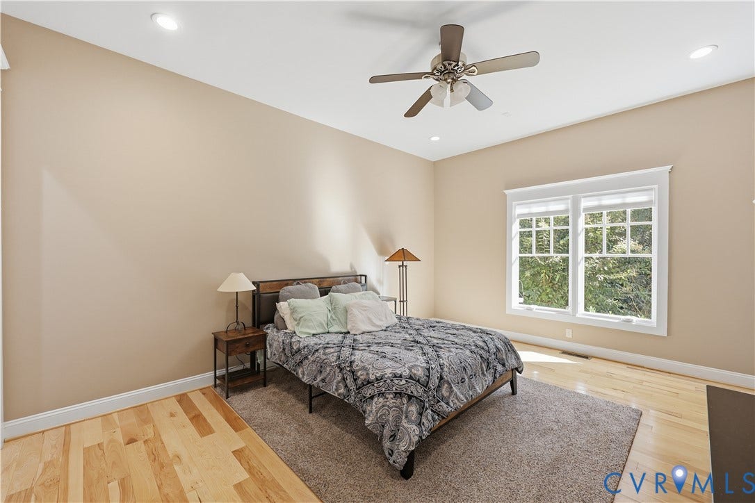 3056 Greywalls Drive, Powhatan, VA 23139 Primary Bedroom 2. Room featuring wood-finish flooring, recessed lighting, a ceiling fan, and a multi-pane window