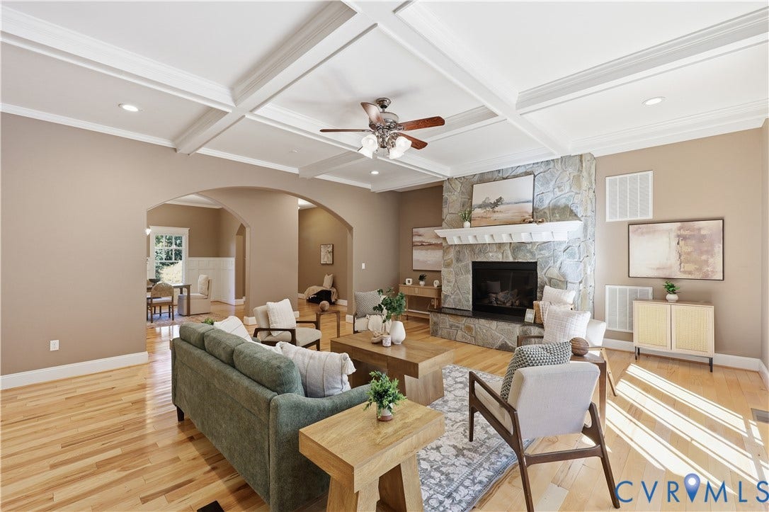 3056 Greywalls Drive, Powhatan, VA 23139 Coffered ceiling featuring recessed lighting, stone-faced fireplace with a mantel, and wood-finish flooring