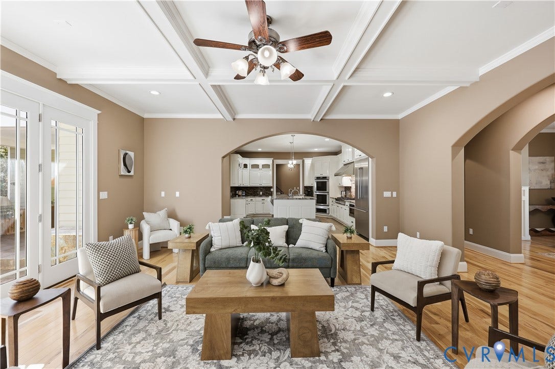 3056 Greywalls Drive, Powhatan, VA 23139 Coffered ceiling, wood-finish flooring, recessed lighting, ceiling fan with integrated light fixture, and arched doorways