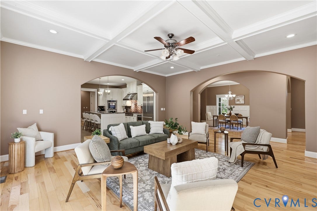 3056 Greywalls Drive, Powhatan, VA 23139 Coffered ceiling with integrated recessed lighting, wood-finish flooring, and multiple wide arched entryways