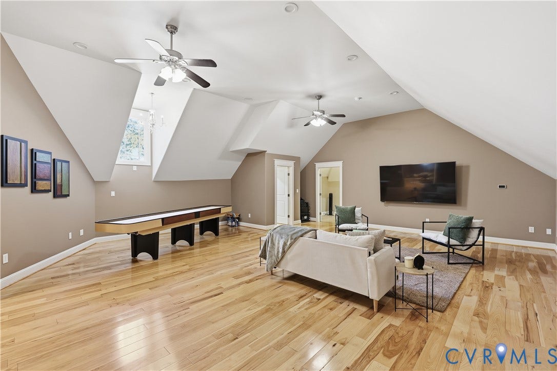 3056 Greywalls Drive, Powhatan, VA 23139 Vaulted ceilings with dormer windows, wood-finish flooring, and dual ceiling fans