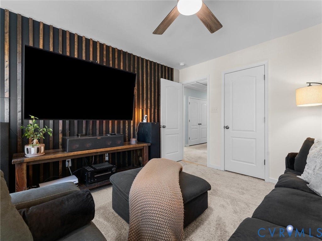 5726 Gossamer Place, Wynwood At FoxCreek, Moseley, VA 23120 Accent wall featuring vertical wood slat paneling, carpeted flooring, two-panel interior doors, and a ceiling-mounted fan with light fixture