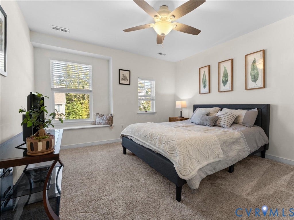 5726 Gossamer Place, Wynwood At FoxCreek, Moseley, VA 23120 Neutral interior featuring carpeting, double-hung windows, a built-in window seat, and a ceiling-mounted light fixture with a fan