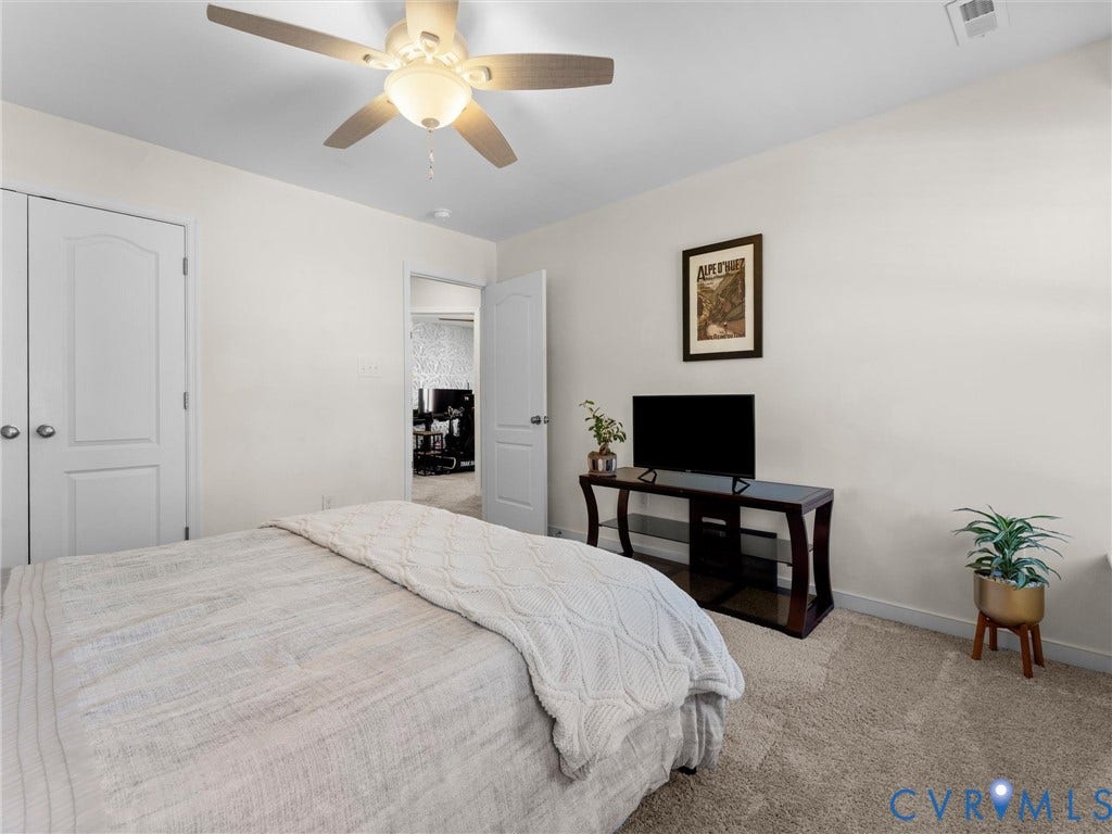 5726 Gossamer Place, Wynwood At FoxCreek, Moseley, VA 23120 Neutral-toned interior featuring wall-to-wall carpeting, a ceiling fan with integrated lighting, and two-panel interior doors