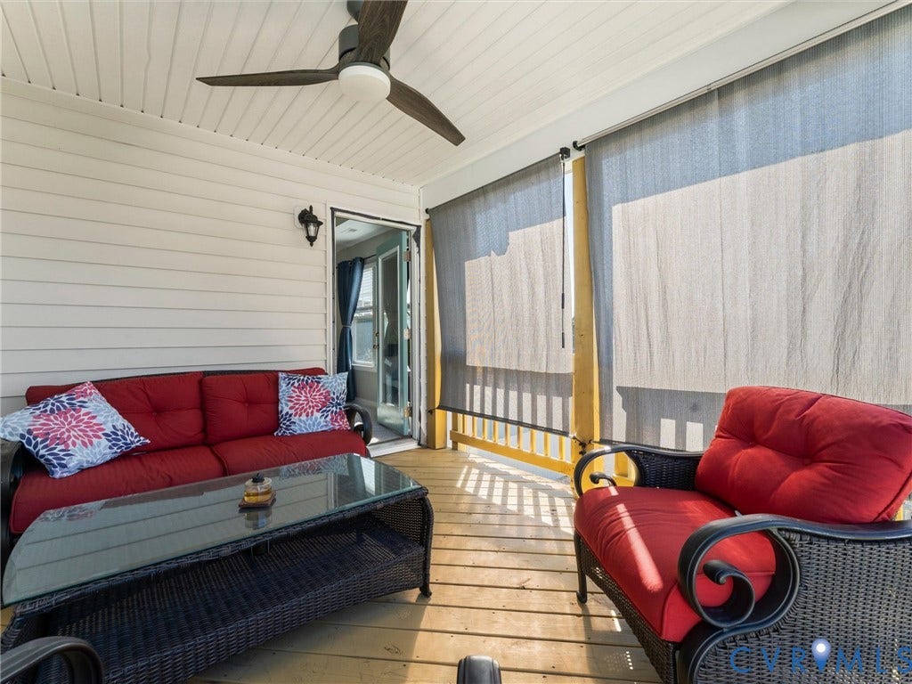 5726 Gossamer Place, Wynwood At FoxCreek, Moseley, VA 23120 Covered porch featuring wood-finish decking, horizontal siding, a ceiling-mounted fan with integrated lighting, and retractable exterior shades
