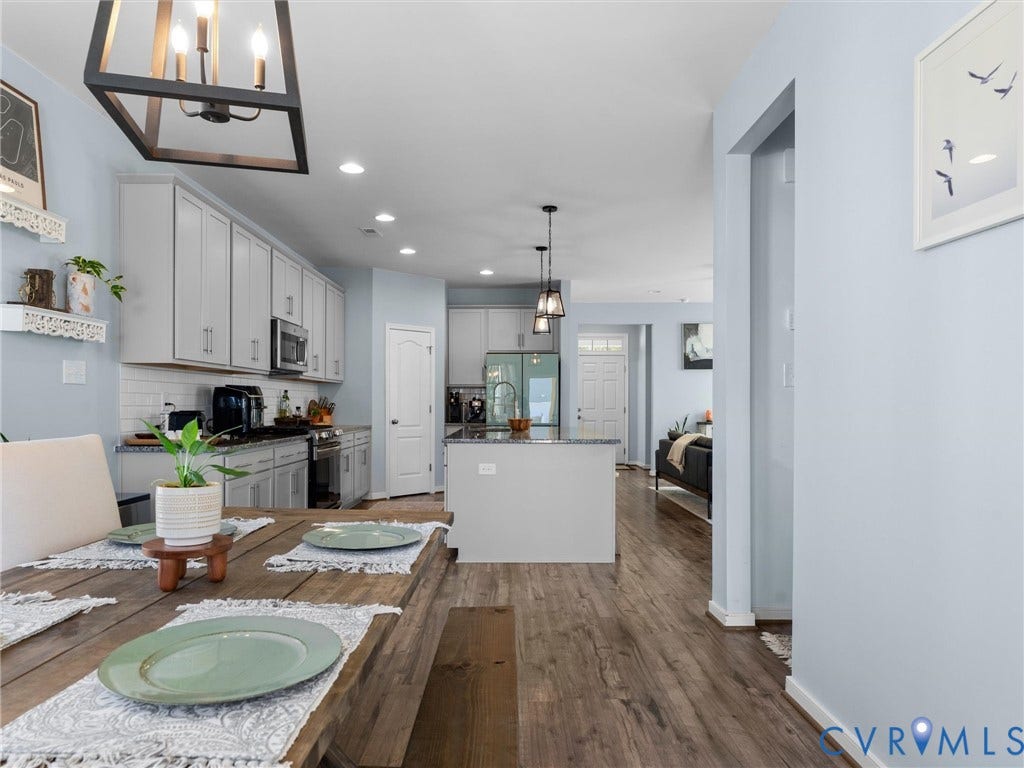 5726 Gossamer Place, Wynwood At FoxCreek, Moseley, VA 23120 Kitchen featuring white shaker-style cabinetry, a central island with a stone countertop, wood-finish flooring, recessed lighting, and a geometric metal chandelier