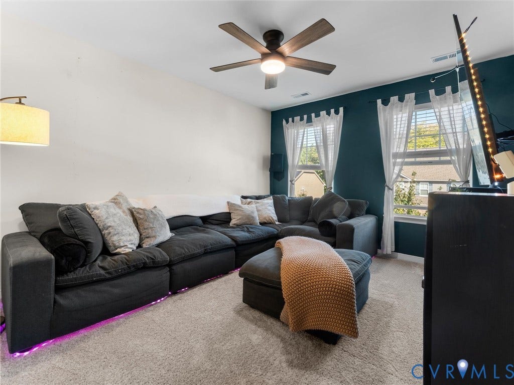 5726 Gossamer Place, Wynwood At FoxCreek, Moseley, VA 23120 Dual-tone wall finishes featuring a deep accent wall, neutral carpeting, and a multi-blade ceiling fan with integrated lighting