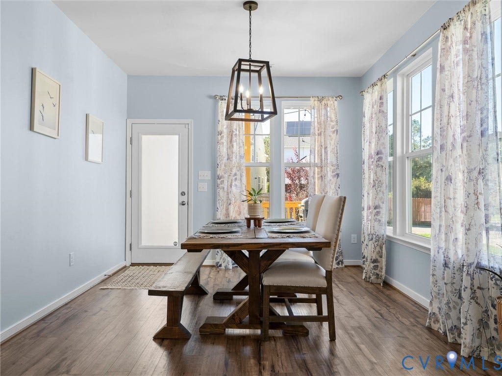 5726 Gossamer Place, Wynwood At FoxCreek, Moseley, VA 23120 Dining area featuring wood-finish flooring, a geometric metal pendant light fixture, and multiple large windows