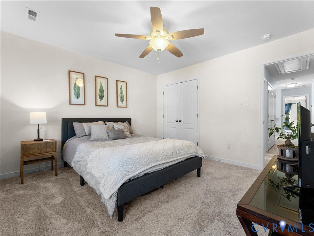 5726 Gossamer Place, Wynwood At FoxCreek, Moseley, VA 23120 Neutral wall tones, carpeting, ceiling fan with integrated lighting, and double-door closet storage