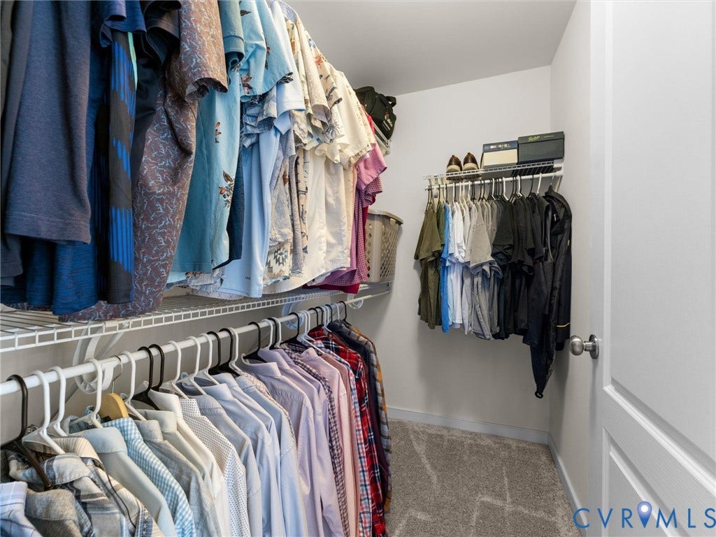 5726 Gossamer Place, Wynwood At FoxCreek, Moseley, VA 23120 Walk-in closet featuring multi-level white wire shelving and carpeting