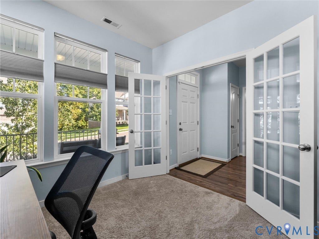 5726 Gossamer Place, Wynwood At FoxCreek, Moseley, VA 23120 Multi-pane French doors, wall-to-wall carpeting, and triple window configuration featuring integrated cellular shades