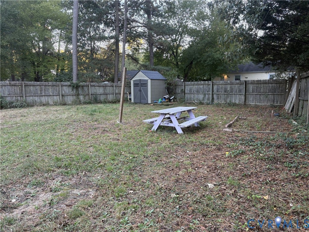 3207 Roland View Terrace, Chester, VA 23831 Backyard featuring a wood-panel fence, mature trees, and a detached storage structure