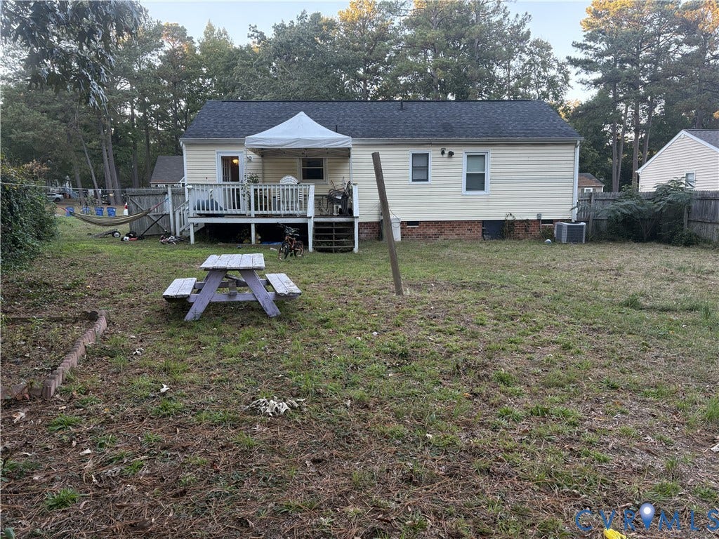3207 Roland View Terrace, Chester, VA 23831 Rear exterior featuring light-colored horizontal siding, a raised wooden deck with railings, and a fenced yard with mature trees