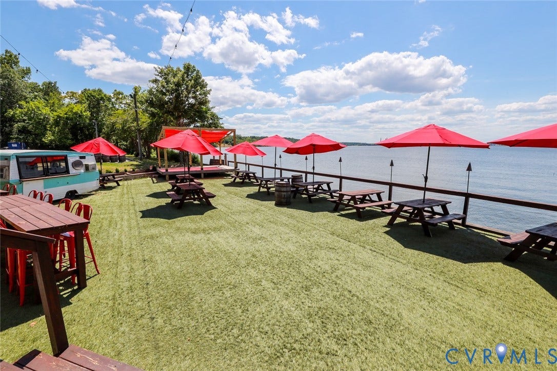 700 Jordan Point Road, North Prince George, VA 23860 Waterfront outdoor space featuring artificial turf, a timber-framed platform, and a perimeter railing