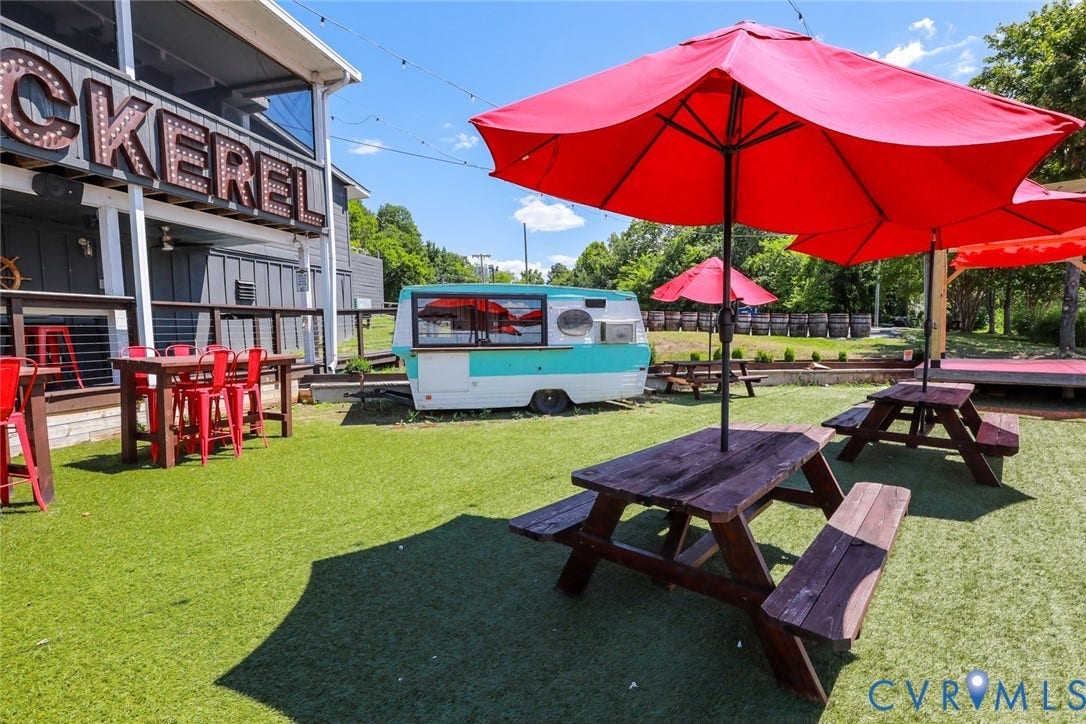 700 Jordan Point Road, North Prince George, VA 23860 Outdoor recreational space featuring synthetic turf, overhead string lighting, and wood-surface picnic tables