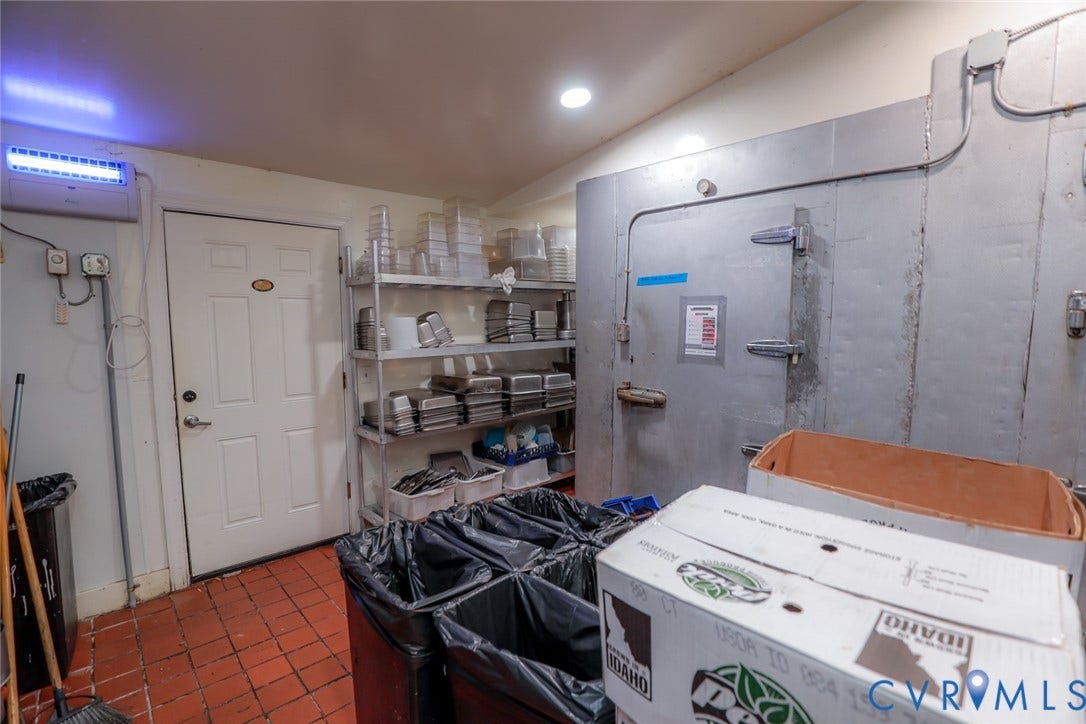 700 Jordan Point Road, North Prince George, VA 23860 Walk-in industrial freezer unit, recessed ceiling lighting, metal shelving, and tile flooring