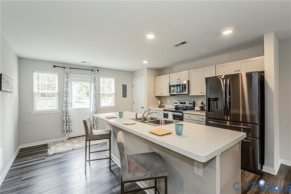 1324 Stone Ridge Park Loop, Henrico, VA 23228 Kitchen featuring an island with a stainless steel dual-basin sink, light-toned cabinetry, stainless steel appliances, and wood-finish flooring