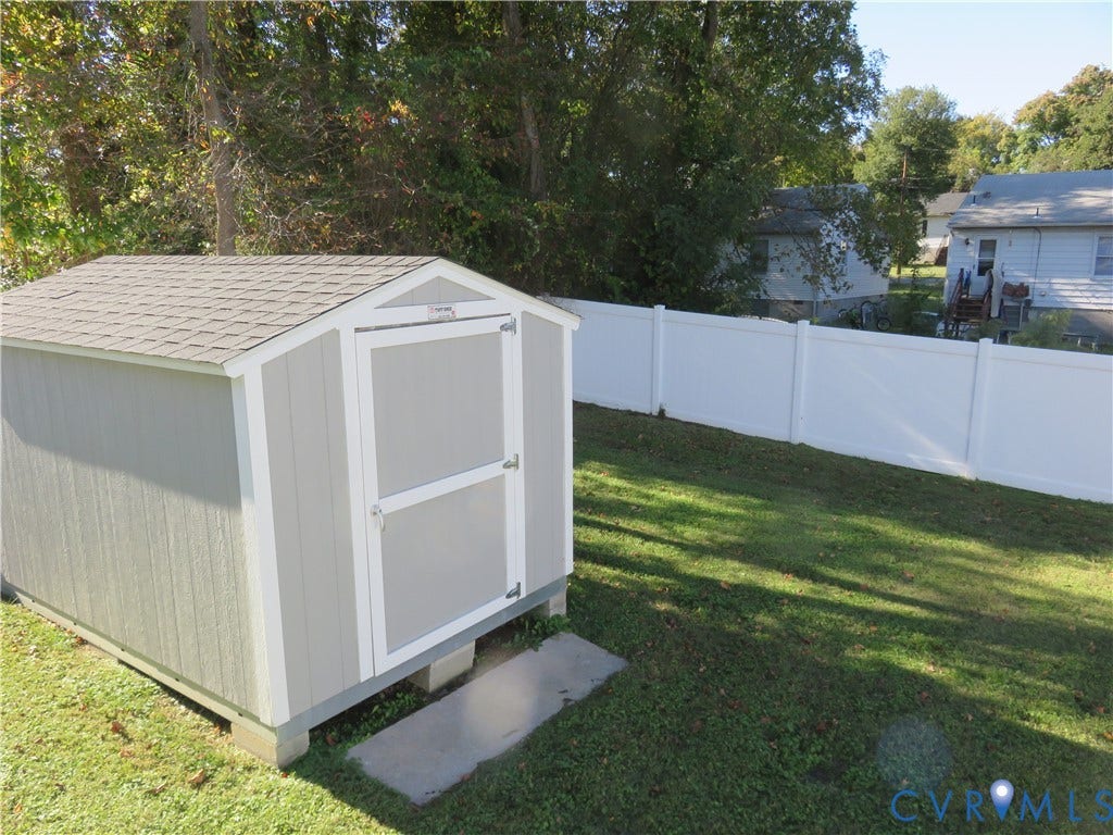 14 N Kalmia Avenue, Henrico, VA 23075 Detached storage shed featuring grey composite siding, a shingled roof, and a single-door entry, situated within a fenced rear yard