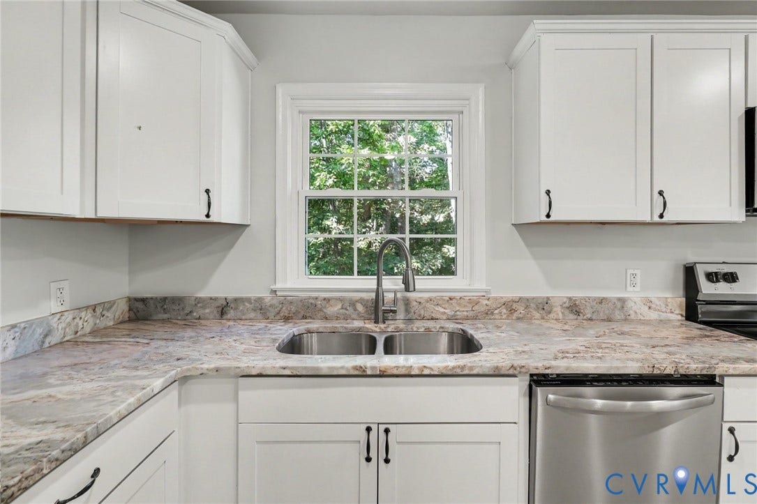 2511 Mill Road, Powhatan, VA 23139 White cabinetry featuring Shaker-style doors, stone-surface countertops with integrated backsplash, stainless steel double-basin undermount sink, gooseneck faucet, and stainless steel dishwasher