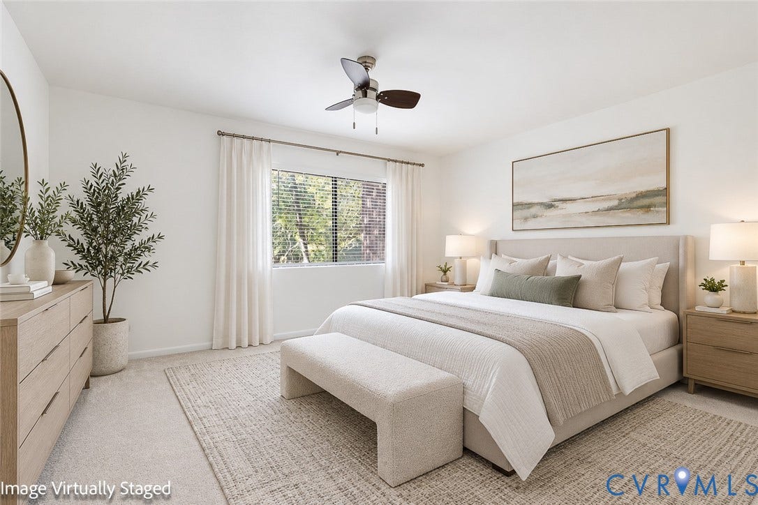 11947 W Briar Patch Drive, Chesterfield, VA 23113 Neutral-toned wall-to-wall carpeting, ceiling fan with integrated lighting, and window featuring horizontal blinds