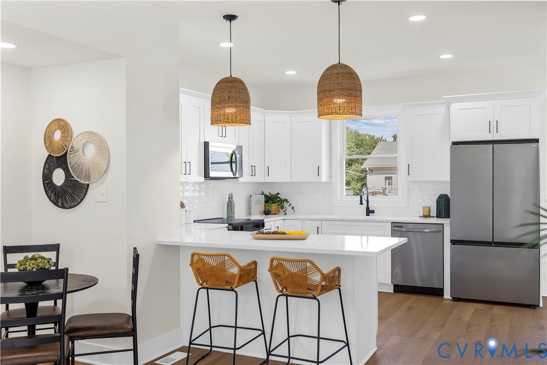 851 E Bank Street, Old Towne, Petersburg, VA 23803 Kitchen featuring white shaker-style cabinetry, a solid-surface breakfast bar, stainless steel appliances, woven pendant lighting, and wood-finish flooring