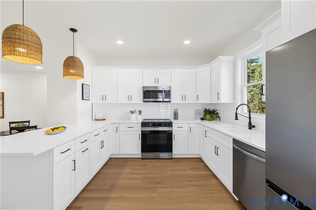 851 E Bank Street, Old Towne, Petersburg, VA 23803 Kitchen featuring white shaker-style cabinetry, quartz countertops, subway tile backsplash, stainless steel appliances, and wood-finish flooring