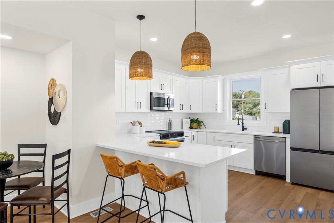 851 E Bank Street, Old Towne, Petersburg, VA 23803 Kitchen featuring white cabinetry, solid-surface countertops, stainless steel appliances, wood-finish flooring, and woven pendant lighting