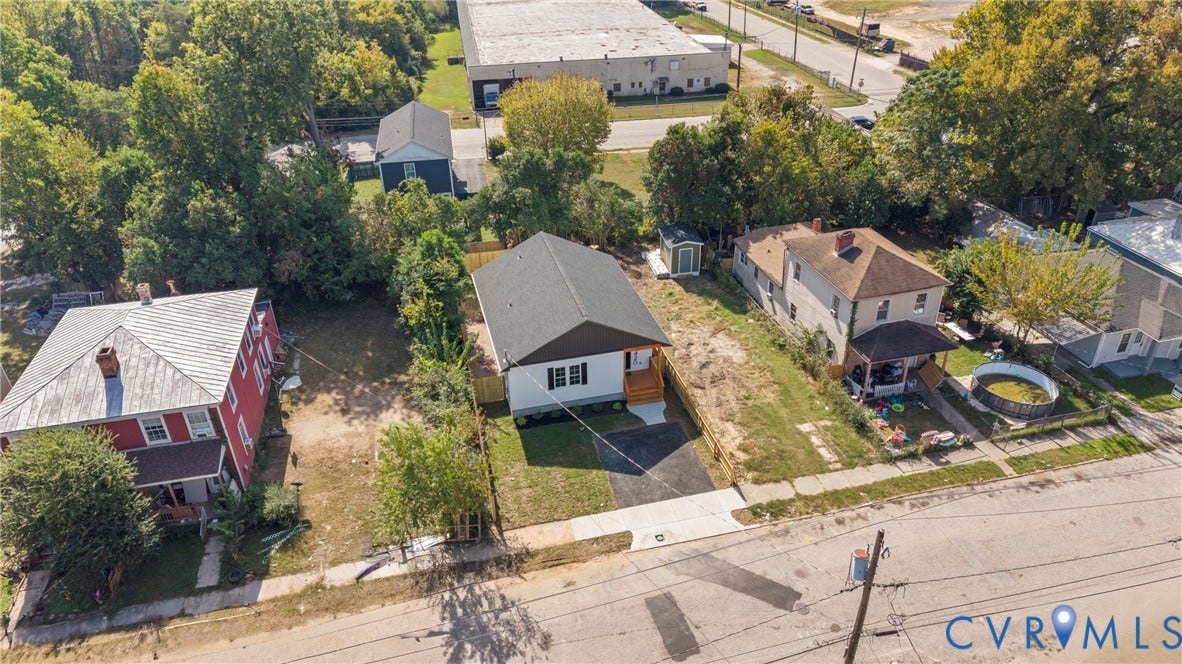 1420 Ferndale Avenue, Petersburg, VA 23803 Aerial perspective featuring a detached residential structure with a shingled roof, asphalt driveway, and exterior siding