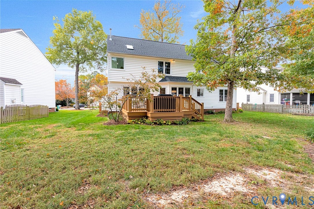 3629 Milbury Run Street, Henrico, VA 23233 Rear exterior featuring a two-story residence with white horizontal siding, an elevated wood deck, and a fenced backyard