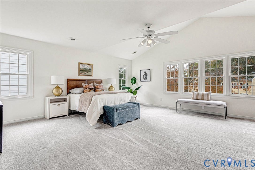 3629 Milbury Run Street, Henrico, VA 23233 Spacious bedroom featuring vaulted ceilings, neutral wall-to-wall carpeting, a multi-pane window configuration, and a ceiling fan with integrated lighting