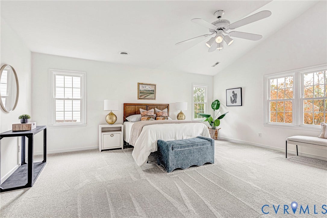 3629 Milbury Run Street, Henrico, VA 23233 Vaulted ceiling, wall-to-wall carpeting, white-finish multi-pane windows, and a central ceiling fan with integrated lighting