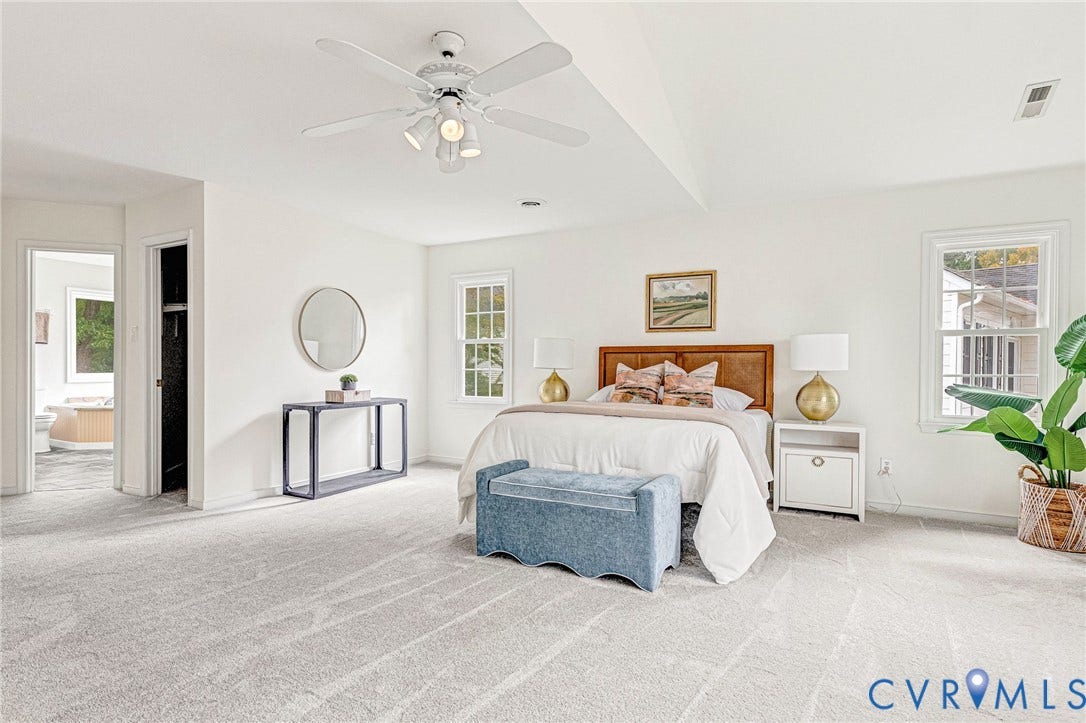 3629 Milbury Run Street, Henrico, VA 23233 Spacious room featuring neutral carpeting, a white ceiling fan with integrated lighting, and multiple double-hung windows