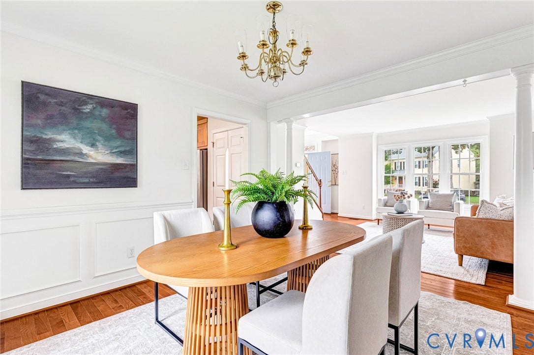 3629 Milbury Run Street, Henrico, VA 23233 Dining area featuring wood-finish flooring, wainscoting, an overhead brass chandelier, and white structural columns