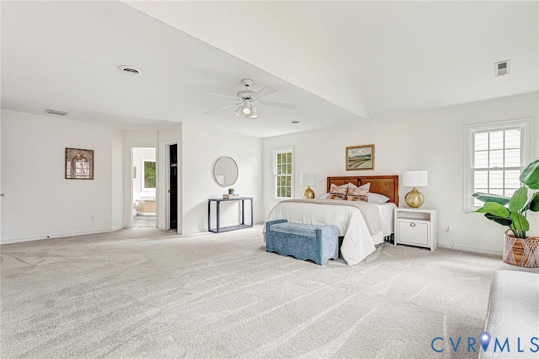 3629 Milbury Run Street, Henrico, VA 23233 Spacious room featuring a vaulted ceiling, neutral wall-to-wall carpeting, multiple windows, and a ceiling fan with integrated lighting