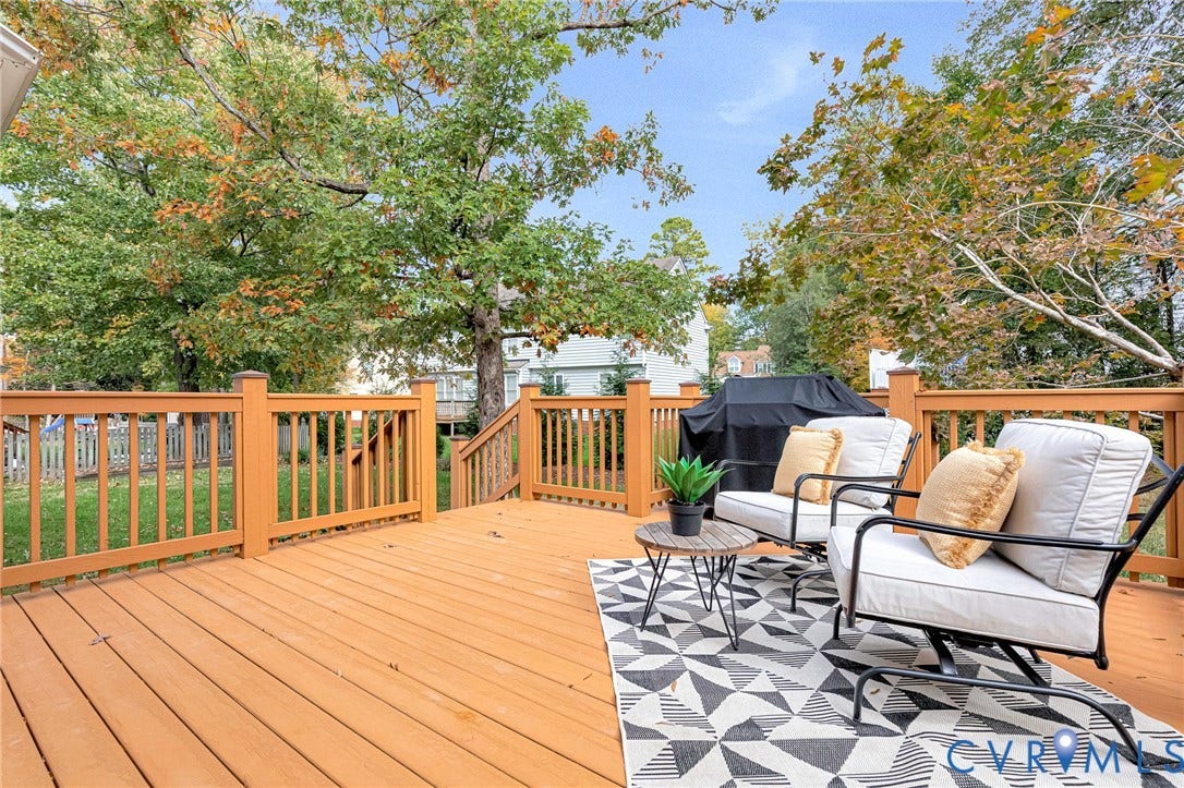 3629 Milbury Run Street, Henrico, VA 23233 Elevated wood deck featuring vertical baluster railings and stairs leading to a backyard with mature trees