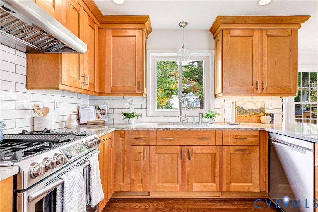 3629 Milbury Run Street, Henrico, VA 23233 Kitchen featuring wood cabinetry, white subway tile backsplash, stone countertops, stainless steel gas range with overhead exhaust hood, and stainless steel dishwasher