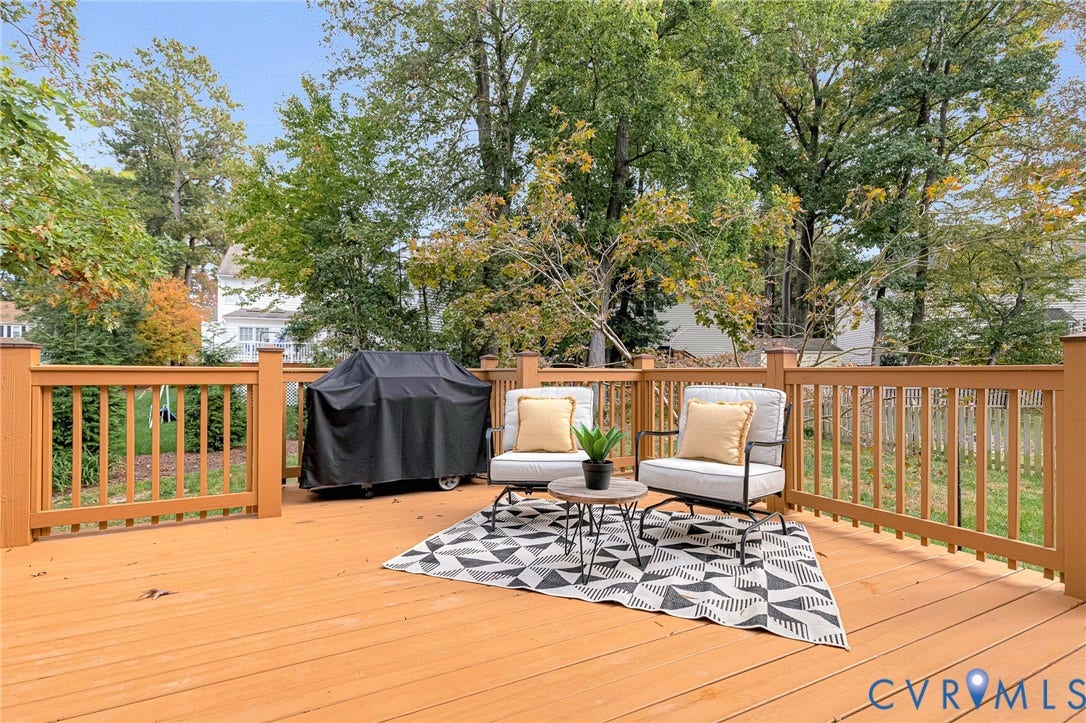 3629 Milbury Run Street, Henrico, VA 23233 Raised wood-finish deck with vertical baluster railings and natural wood-finish posts