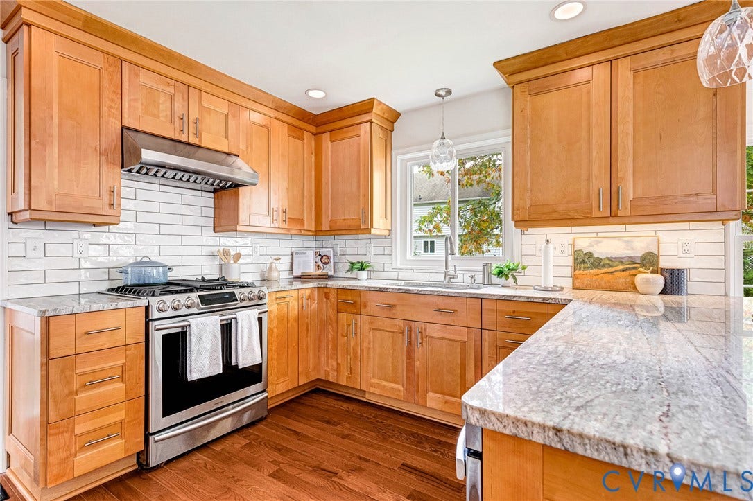 3629 Milbury Run Street, Henrico, VA 23233 Kitchen featuring light-finish cabinetry, stone countertops, white subway tile backsplash, stainless steel gas range with overhead vent hood, and wood-finish flooring