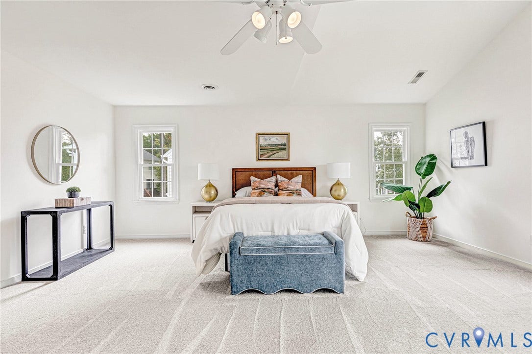 3629 Milbury Run Street, Henrico, VA 23233 Neutral-toned wall-to-wall carpeting, vaulted ceilings, dual-pane windows with grid mullions, and an integrated ceiling fan with multi-directional lighting