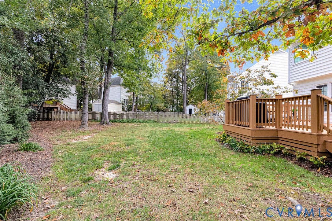3629 Milbury Run Street, Henrico, VA 23233 Backyard featuring a raised wooden deck, white horizontal siding, perimeter picket fencing, and mature trees