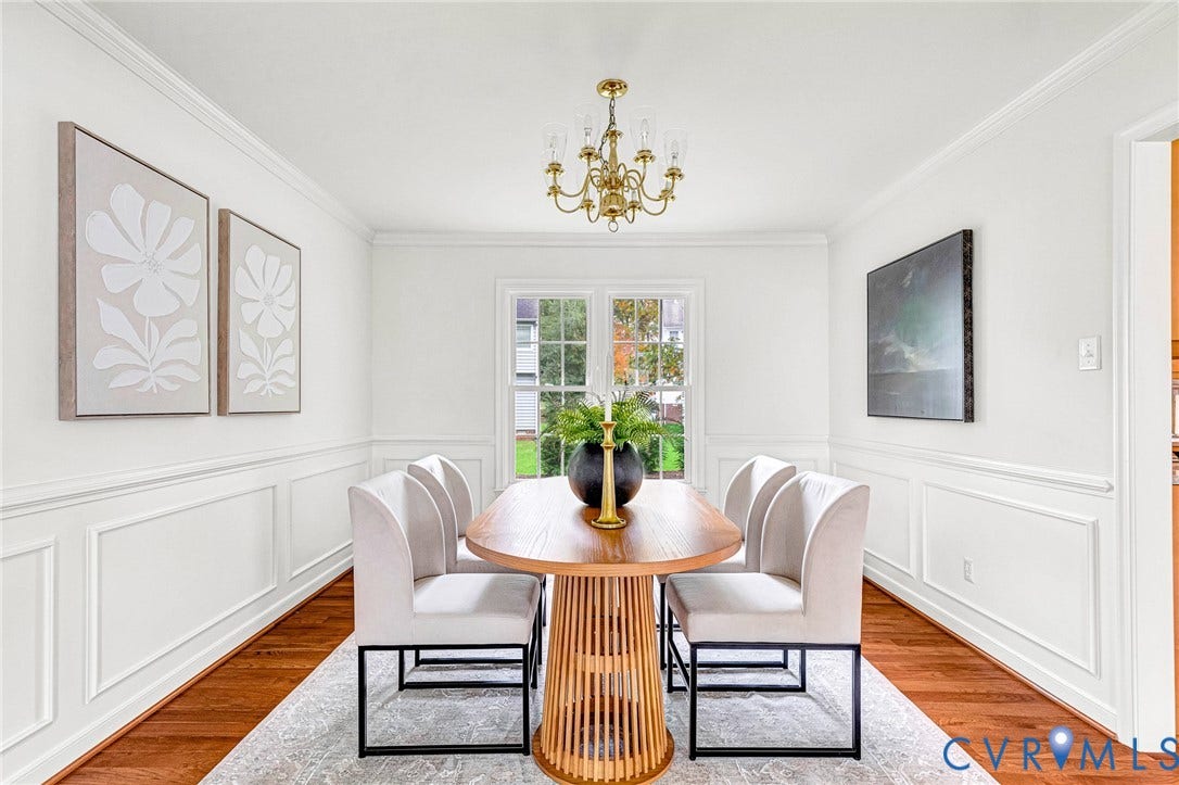 3629 Milbury Run Street, Henrico, VA 23233 Dining area featuring classic crown molding, wainscoting, wood-finish flooring, multi-pane windows, and a traditional chandelier