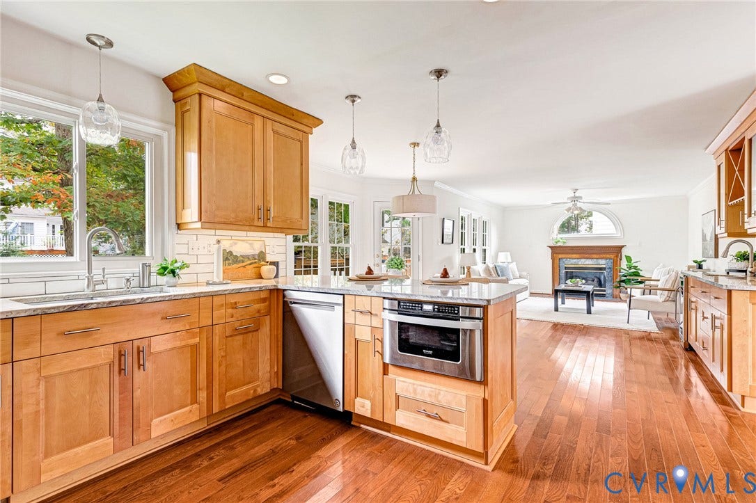 3629 Milbury Run Street, Henrico, VA 23233 Kitchen featuring natural wood cabinetry, stone-finish countertops, stainless steel appliances, pendant lighting, and wood-finish flooring