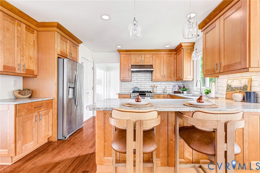 3629 Milbury Run Street, Henrico, VA 23233 Kitchen featuring natural-finish wood cabinetry, stone countertops, stainless steel appliances, subway tile backsplash, and overhead glass pendant lighting