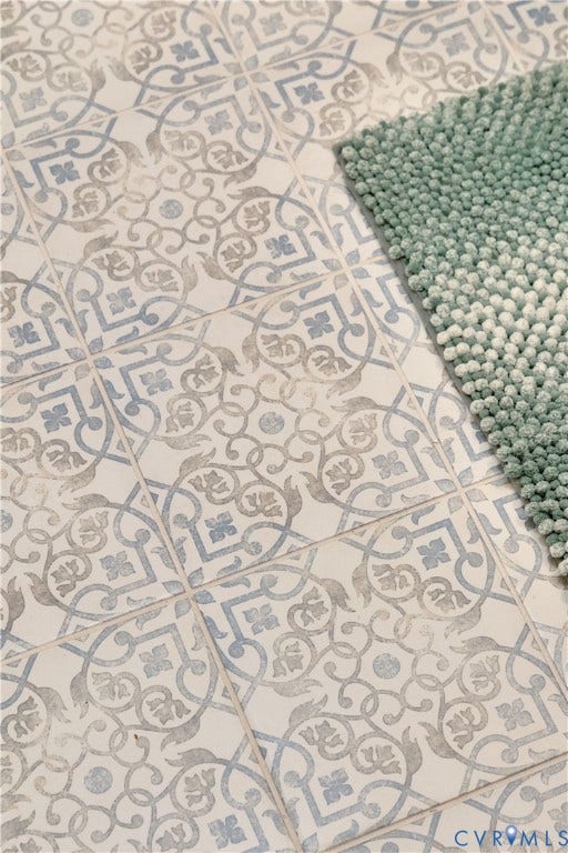 1809 Sussex Street, Whitcomb, Richmond, VA 23223 Ceramic floor tile featuring an intricate blue and grey patterned motif