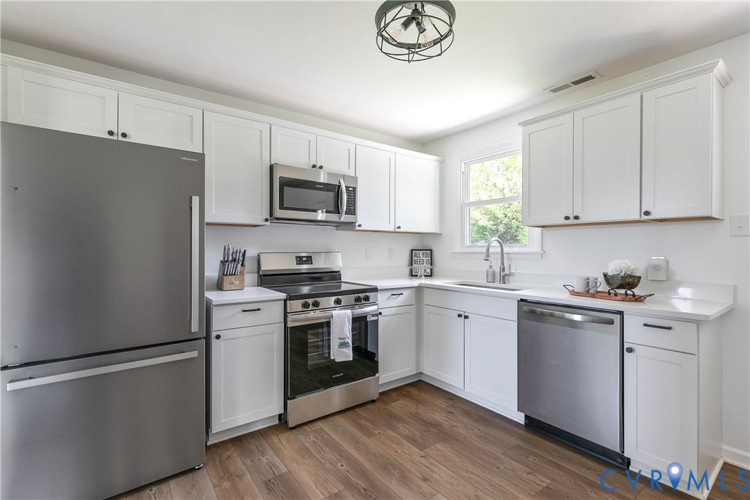 1809 Sussex Street, Whitcomb, Richmond, VA 23223 Kitchen featuring white shaker-style cabinetry, stainless steel appliances, solid surface countertops, wood-finish flooring, and a modern drum-style flush-mount light fixture