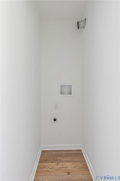 1809 Sussex Street, Whitcomb, Richmond, VA 23223 Utility area featuring wood-finish flooring, a recessed water supply box, integrated electrical outlets, and a wall-mounted dryer vent connection