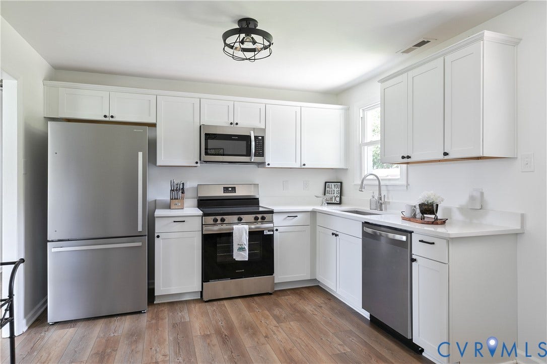 1809 Sussex Street, Whitcomb, Richmond, VA 23223 Kitchen featuring white shaker cabinetry, stainless steel appliances, solid surface countertops, a single-basin undermount sink with a gooseneck faucet, and wood-finish flooring