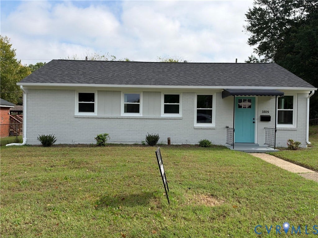 1809 Sussex Street, Whitcomb, Richmond, VA 23223 Single-story exterior featuring painted brick siding, a gray asphalt shingle roof, a front entry with an overhead metal awning, and a paved walkway